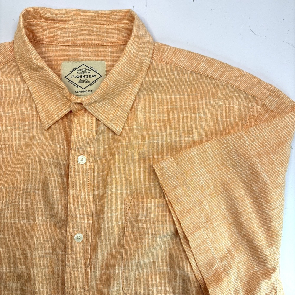 St John's Bay Shirt Cotton Linen Sz L Classic Fit Melon Orange Short Sleeve